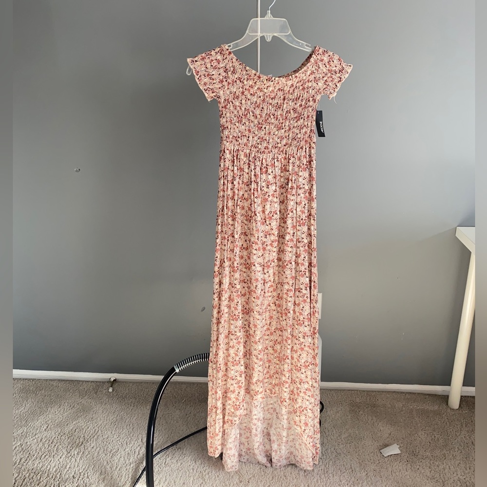 BRAND NEW PINK FLORAL HIGH-LOW, OFF THE SHOULDER MAXI DRESS